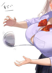 Rule 34 | 1girl, between breasts, bow, bowtie, bra, breasts, brown hair, button gap, commentary request, convenient breasts, fingernails, kaisen chuui, ladle, large breasts, medium hair, open mouth, original, red bow, red bowtie, school uniform, shirt, simple background, solo, translation request, underwear, white background, white bra, white shirt