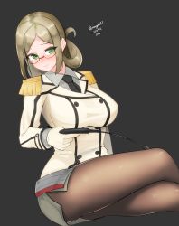 Rule 34 | 1girl, absurdres, beige jacket, black necktie, breasts, brown hair, brown pantyhose, buttons, collared shirt, cowboy shot, dated, double-breasted, epaulettes, folded ponytail, glasses, gloves, green eyes, grey background, grey skirt, highres, invisible chair, kantai collection, katori (kancolle), large breasts, long hair, maru (marg0613), military, military uniform, necktie, one-hour drawing challenge, pantyhose, parted bangs, pencil skirt, riding crop, rimless eyewear, shirt, simple background, sitting, skirt, solo, twitter username, uniform, white gloves