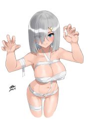 Rule 34 | 1girl, 2021, absurdres, alternate costume, bandages, blue eyes, blush, breasts, c-da, claw pose, closed mouth, cropped legs, dated, hair between eyes, hair ornament, hair over one eye, hairclip, halloween, halloween costume, hamakaze (kancolle), highres, kantai collection, large breasts, looking at viewer, short hair, signature, silver hair, simple background, solo, white background