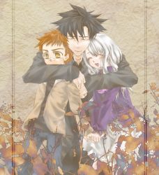 Rule 34 | 1girl, 2boys, black hair, brother and sister, dress, emiya kiritsugu, emiya shirou, family, fate/stay night, fate (series), father and daughter, father and son, formal, ginko (sekainoowari), happy, illyasviel von einzbern, multiple boys, multiple girls, siblings, silver hair, smile, suit, aged down