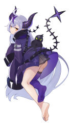 Rule 34 | 1girl, ass, bad id, bad pixiv id, barefoot, braid, feet, highres, hololive, horns, la+ darknesss, long hair, looking at viewer, pointy ears, purple socks, purple thighhighs, see-through, silver hair, simple background, single sock, socks, soles, solo, thighhighs, toes, very long hair, virtual youtuber, white background, yellow eyes
