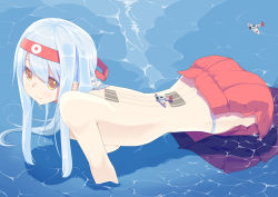 Rule 34 | 10s, 1girl, absurdres, aircraft, airplane, all fours, blue hair, breasts, headband, highres, hujikok, japanese clothes, kantai collection, long hair, looking at viewer, medium breasts, ocean, panties, partially submerged, personification, runway, shoukaku (kancolle), smile, solo, topless, underwear, wading, water, yellow eyes
