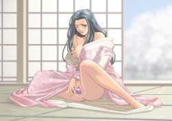 Rule 34 | 1girl, barefoot, grabbing another&#039;s breast, breasts, censored, fusuma, game cg, grabbing, japanese clothes, mature female, sex toy, sliding doors, solo, spread legs, tagme, tatami, vibrator, wink