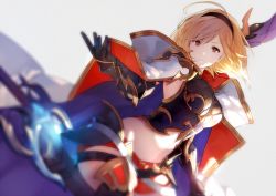 Rule 34 | 1girl, ahoge, blonde hair, blurry, blurry foreground, breasts, brown eyes, cape, conqueror of the eternals, djeeta (granblue fantasy), djeeta (granblue fantasy) (conqueror of the eternals), feather hair ornament, feathers, gloves, glowing, granblue fantasy, grey background, hair ornament, hairband, large breasts, looking at viewer, midriff, nido celisius, simple background, smile, solo