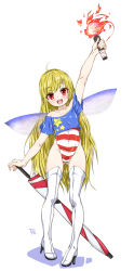 Rule 34 | 1girl, adapted costume, ahoge, alternate costume, arm up, bad id, bad pixiv id, blue shirt, blue wings, blush, boots, cameltoe, closed umbrella, clownpiece, collarbone, colored eyelashes, crop top, fairy wings, fingernails, flat chest, full body, gluteal fold, gradient wings, high heel boots, high heels, highleg, highleg leotard, highres, hip focus, karasawa-40, leotard, long hair, multicolored wings, navel, no headwear, off-shoulder shirt, off shoulder, open mouth, pigeon-toed, platform footwear, race queen, red eyes, shirt, simple background, solo, star (symbol), star print, striped, thigh boots, thighhighs, thighs, torch, touhou, transparent wings, umbrella, very long hair, white background, white footwear, white thighhighs, wings