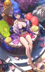 Rule 34 | 1girl, :q, absurdres, bare legs, bare shoulders, barefoot, black sash, blue hair, blueberry, braid, bridal gauntlets, cake, cherry, chocolate cake, collarbone, cream on body, cream on breasts, feet, flower, food, food on body, fork, from above, fruit, full body, genshin impact, hair flower, hair ornament, highres, japanese clothes, kimono, kiwi (fruit), kiwi slice, leaf, legs, licking lips, long hair, looking at viewer, looking up, low-braided long hair, low-tied long hair, mole, mole under eye, navel, off shoulder, open clothes, open kimono, petals, purple eyes, raiden shogun, rose, sash, sidelocks, single braid, sitting, solo, stomach, thighs, toes, tongue, tongue out, very long hair, vision (genshin impact), white flower, white rose, zame (960944453)