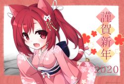 Rule 34 | 1girl, absurdres, alternate costume, animal ear fluff, animal ears, azur lane, bell, cat ears, cat hair ornament, cat tail, cherry blossom print, commentary request, fang, floral print, hair ornament, highres, i-19 (azur lane), japanese clothes, kimono, kinomiki nobori, long sleeves, nengajou, new year, obi, open mouth, pink kimono, red eyes, red hair, ribbon, sash, short twintails, sidelocks, skin fang, sleeves past wrists, smile, solo, tail, tail bell, tail ornament, tail ribbon, twintails, twitter username, wide sleeves