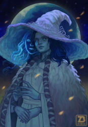Rule 34 | 1girl, absurdres, blue eyes, blue hair, blue skin, cloak, closed mouth, colored skin, cracked skin, dress, elden ring, extra arms, extra faces, flat chest, full moon, fur cloak, hat, highres, long hair, long sleeves, looking at viewer, making-of available, moon, nir4z, own hands together, ranni the witch, solo, steepled fingers, white dress, white hat, wide sleeves, witch hat