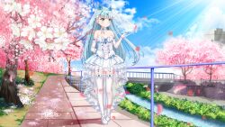Rule 34 | 1girl, absurdres, aoki hagane no arpeggio, bare shoulders, blue flower, blue hair, blue rose, blue sky, blush, bow, bowtie, bridge, cherry blossoms, chinese commentary, choker, cloud, collarbone, commentary request, day, dress, flower, garter straps, gloves, green eyes, hair flower, hair ornament, highres, hug, hug from behind, iona (aoki hagane no arpeggio), long hair, looking to the side, outdoors, outside border, petals, railing, rose, scenery, sky, solo, stairs, standing, strapless, strapless dress, thighhighs, thighs, tree, tsukiko tsubame, very long hair, walkway, water, white dress, white footwear, white gloves, white thighhighs, zettai ryouiki