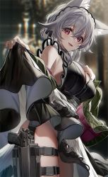 Rule 34 | animal ear fluff, animal ears, bare shoulders, beretta 92, breasts, cleavage, clothes lift, cowboy shot, fox ears, fox tail, frills, from below, grey hair, gun, hair flaps, handgun, highres, holster, jacket, jacket partially removed, kawachi rin, large breasts, long hair, looking at viewer, maid, maid headdress, open mouth, original, partially unzipped, purple eyes, sideboob, skirt, skirt lift, smile, tail, thigh holster, weapon