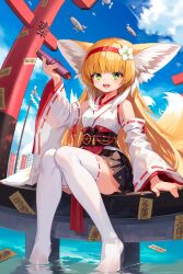 Rule 34 | 1girl, :d, absurdres, animal ears, arknights, bare shoulders, black skirt, blonde hair, blue sky, blush, breasts, cloud, commentary request, day, detached sleeves, flower, fox ears, fox girl, fox tail, green eyes, hair flower, hair ornament, hairband, hand up, highres, holding, japanese clothes, kimono, kitsune, long hair, long sleeves, looking at viewer, multicolored hair, no shoes, obi, open mouth, outdoors, pleated skirt, red hairband, ribbon-trimmed sleeves, ribbon trim, sash, skirt, sky, sleeveless, sleeveless kimono, small breasts, smile, solo, suzuran (arknights), tail, thighhighs, torii, two-tone hair, very long hair, white flower, white hair, white kimono, white sleeves, white thighhighs, wide sleeves, zhengqi zhizi sg