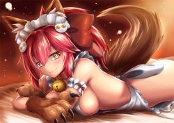 Rule 34 | 1girl, animal ears, animal hands, apron, ass, bell, blush, breasts, collar, fate/grand order, fate (series), fox ears, fox tail, hair ribbon, large breasts, long hair, looking at viewer, loussier666, maid headdress, naked apron, neck bell, pink hair, ribbon, sideboob, solo, tail, tamamo (fate), tamamo cat (fate), tamamo no mae (fate/extra), yellow eyes