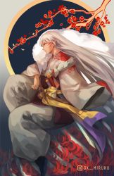 Rule 34 | 1boy, armor, artist name, branch, facial mark, flower, full body, fur, highres, inuyasha, japanese clothes, long hair, male focus, ox-miruku, pointy ears, profile, sesshoumaru, sitting, solo, spider lily, sword, weapon, white hair, yellow eyes