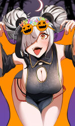 Rule 34 | 1girl, arknights, bare shoulders, breasts, china dress, chinese clothes, cleavage, cleavage cutout, cloak, clothing cutout, cowboy shot, crescent, detached sleeves, dress, ert raitsui, feater (arknights), ghost pose, grey hair, halloween, highres, large breasts, looking at viewer, open mouth, orange eyes, solo