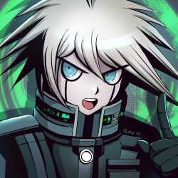 Rule 34 | 1boy, artist name, blue eyes, danganronpa (series), index finger raised, k1-b0, male focus, danganronpa v3: killing harmony, open mouth, pointing, pointing up, qosic, robot, signature, silver hair, solo