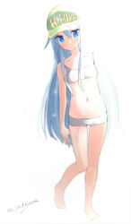 Rule 34 | 10s, 1girl, barefoot, baseball cap, blue eyes, blue hair, blurry, character name, eight tohyama, full body, hat, hibiki (kancolle), highres, kantai collection, long hair, navel, parted lips, short shorts, shorts, simple background, sketch, solo, sports bra, standing, twitter username, very long hair, white background