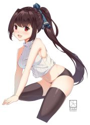 Rule 34 | 1girl, :d, arm support, artist name, bare shoulders, black panties, black thighhighs, blush, bow, breasts, brown hair, crop top, groin, hair bow, hair intakes, head tilt, high ponytail, highres, impossible clothes, impossible sweater, leaning forward, long hair, looking at viewer, medium breasts, mono kuroma, navel, no pants, open mouth, original, panties, ponytail, red eyes, ribbed sweater, shiny clothes, shiny skin, sideboob, simple background, sleeveless, smile, solo, standing, standing on one leg, sweater, sweater vest, taut clothes, thighhighs, turtleneck, turtleneck sweater, twitter username, underwear, very long hair