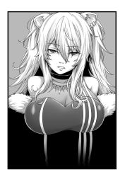 Rule 34 | 1girl, animal ears, border, breasts, cleavage, greyscale, hair between eyes, highres, hololive, large breasts, lion ears, lion girl, long hair, monochrome, nightcoat, parted lips, see-through, see-through cleavage, shishiro botan, shishiro botan (1st costume), solo, upper body, virtual youtuber, white border