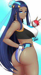 Rule 34 | 1girl, armlet, ass, belly chain, blue eyes, blue hair, breasts, commentary, covered erect nipples, cowboy shot, creatures (company), dark-skinned female, dark skin, earrings, eyeshadow, from behind, game freak, gloves, hand on own hip, highres, holding, holding poke ball, jewelry, large breasts, long hair, looking at viewer, looking back, makeup, necklace, nessa (pokemon), nintendo, poke ball, pokemon, pokemon swsh, ryu seung, sidelocks, simple background, single glove, solo, sports bikini, symbol-only commentary, tongue, tongue out, v, very long hair