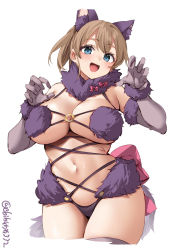 Rule 34 | 1girl, alternate costume, animal ears, blue eyes, blush, breasts, brown hair, cleavage, cosplay, cropped legs, cross-laced clothes, ebifurya, elbow gloves, fake animal ears, gloves, grey gloves, hair between eyes, hands up, highres, intrepid (kancolle), kantai collection, large breasts, looking at viewer, mash kyrielight (cosplay), mash kyrielight (dangerous beast) (cosplay), midriff, navel, o-ring, o-ring top, one-hour drawing challenge, open mouth, simple background, solo, twitter username, white background