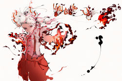Rule 34 | 1girl, bow, commentary, cowboy shot, fire, fujiwara no mokou, hair bow, hand in pocket, highres, long hair, looking at viewer, outstretched hand, pants, red eyes, red pants, shirt, solo, sukunashi negi, suspenders, torn clothes, torn sleeves, touhou, white background, white bow, white hair, white shirt