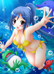 Rule 34 | 1girl, artist name, artist request, bare legs, bare shoulders, barefoot, bikini, blue hair, blush, breasts, bubble, collarbone, dolphin, feet, female focus, floating, frog, front-tie bikini top, front-tie top, hair between eyes, high ponytail, long hair, looking at viewer, love live!, love live! sunshine!!, matsuura kanan, medium breasts, ocean, octopus, parted lips, ponytail, purple eyes, side-tie bikini bottom, smile, solo, sparkle, swimming, swimsuit, underwater, yellow bikini