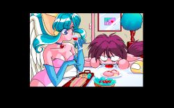 Rule 34 | 1990s (style), 1boy, 1girl, 1other, aliasing, aqua hair, bell, blue choker, blue eyes, blue gloves, breasts, character request, choker, creature, cup, drinking, drinking glass, elbow gloves, fangs, fish, food, fork, game cg, gloves, green hair, houma hunter lime, indoors, jingle bell, knife, leotard, lime (houma hunter lime), looking at another, medium breasts, painting (object), pc98, pink leotard, pinky out, pixel art, plant, poogie (houma hunter lime), poogy (houma hunter lime), potted plant, pp disk, pp disk magazine collection, purple hair, retro artstyle, small breasts, strapless, strapless leotard, sweatdrop, tongue, tongue out, wine glass, wings