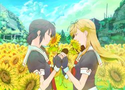 Rule 34 | 10s, 2girls, ahoge, black gloves, black hair, blonde hair, braid, closed eyes, field, fingerless gloves, flower, flower field, gloves, hair flaps, hair ribbon, half-closed eye, hands up, holding, holding flower, kantai collection, looking at another, multiple girls, neckerchief, red neckerchief, ribbon, sailor collar, school uniform, shigure (kancolle), single braid, smelling flower, sunflower, sunflower field, uneven eyes, yanami (yanayana company), yuudachi (kancolle)