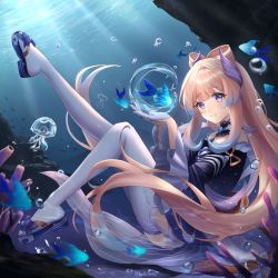 Rule 34 | 1girl, absurdres, bare shoulders, blue hair, blunt bangs, bow, bowtie, fish, frilled sleeves, frills, full body, genshin impact, gloves, hair ornament, harukix, highres, jellyfish, leg up, light rays, long hair, looking at viewer, multicolored hair, ocean, purple eyes, sangonomiya kokomi, smile, solo, thighhighs, two-tone hair, underwater, white gloves, white thighhighs, wide sleeves