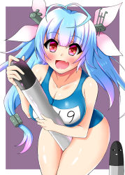 Rule 34 | 10s, 1girl, bare shoulders, between legs, blue hair, bow, breast press, breasts, cleavage, fang, fang out, gradient hair, hair bow, heart, heart-shaped pupils, holding, holding weapon, i-19 (kancolle), kantai collection, large breasts, leaning forward, long hair, looking at viewer, mecha musume, missile, multicolored hair, name tag, one-piece swimsuit, open mouth, personification, red eyes, sawa (snack yoshie), school swimsuit, shiny skin, solo, standing, swimsuit, symbol-shaped pupils, torpedo, twintails, weapon, wide hips