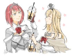 Rule 34 | 2girls, ark royal (kancolle), armor, bare shoulders, blonde hair, blue eyes, blush, bob cut, braid, breasts, bubble tea, cleavage cutout, closed eyes, clothing cutout, commentary, cropped torso, crown, cup, disposable cup, dress, drinking straw, fingerless gloves, flower, french braid, gloves, hair ornament, hairband, holding, holding cup, jewelry, kantai collection, long sleeves, mini crown, multiple girls, necklace, off-shoulder dress, off shoulder, red flower, red hair, red ribbon, red rose, ribbon, rose, short hair, signature, simple background, smile, sweat, tiara, translation request, warspite (kancolle), white background, white dress, yamada rei (rou)