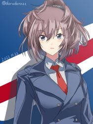 Rule 34 | 1girl, alternate costume, blue eyes, brown hair, buttons, commentary request, dated, double-breasted, highres, kantai collection, long hair, looking to the side, messy hair, military, military uniform, multicolored background, necktie, one-hour drawing challenge, red necktie, roko roko (doradorazz), sheffield (kancolle), solo, twitter username, uniform, upper body