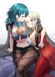 Rule 34 | 2girls, aqua hair, arm around shoulder, arm support, blouse, blue eyes, breasts, byleth (female) (fire emblem), byleth (fire emblem), cape, edelgard von hresvelg, fire emblem, fire emblem: three houses, gloves, hair between eyes, hair ribbon, highres, lace, lace-trimmed legwear, lace trim, long hair, looking at another, medium breasts, medium hair, multiple girls, navel, nintendo, open clothes, open shirt, pantyhose, pantyhose under shorts, purple eyes, qi&#039;e (penguin), ribbon, shirt, shorts, sideboob, silver hair, simple background, sitting, stomach, white gloves, yuri