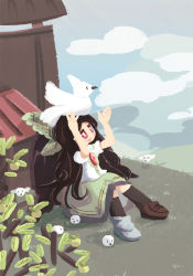 Rule 34 | 1girl, :d, animal, animal on head, arms up, asymmetrical footwear, bird, bird on head, black hair, black socks, black wings, bow, bright pupils, building, cloud, commentary, day, full body, grass, green bow, green skirt, hair bow, hands up, highres, kneehighs, kurocat, leaf, long hair, looking up, on ground, on head, open mouth, outdoors, puffy short sleeves, puffy sleeves, red eyes, reiuji utsuho, shirt, short sleeves, sitting, skirt, sky, smile, socks, solo, third eye, touhou, very long hair, white pupils, white shirt, wings