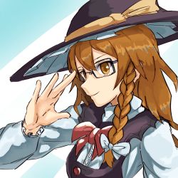 Rule 34 | 1girl, adjusting eyewear, azusa (cookie), bespectacled, black vest, blonde hair, bow, bowtie, braid, closed mouth, commentary request, cookie (touhou), glasses, hat, hat bow, highres, kirisame marisa, long hair, long sleeves, looking at viewer, nob1109, rectangular eyewear, red bow, red bowtie, shirt, side braid, simple background, single braid, smile, solo, touhou, upper body, vest, white background, white bow, white shirt, yellow bow, yellow eyes