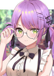 Rule 34 | 1girl, adjusting eyewear, bare shoulders, black bow, black bowtie, black ribbon, bow, bowtie, braid, closed mouth, ear piercing, french braid, frilled shirt, frills, glasses, green eyes, hair ornament, hair ribbon, hairclip, highres, hiragi 1014, hololive, long hair, looking at viewer, multicolored hair, nail polish, official alternate hairstyle, piercing, pink hair, pom pom (clothes), purple hair, purple nails, red-framed eyewear, ribbon, shirt, sleeveless, sleeveless shirt, smile, solo, streaked hair, suspenders, teardrop-framed glasses, tokoyami towa, twintails, v-shaped eyebrows, virtual youtuber, wavy hair, white shirt