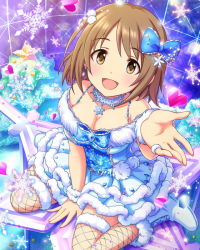 Rule 34 | 10s, 1girl, blue dress, boots, breasts, brown eyes, brown hair, christmas, christmas ornaments, christmas tree, cleavage, collarbone, dress, fur-trimmed boots, fur trim, fur trimmed boots, hair ornament, hair ribbon, idolmaster, idolmaster cinderella girls, jewelry, large breasts, layered dress, mimura kanako, necklace, official art, ribbon, short hair, snowflakes, solo, thighhighs