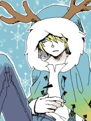 Rule 34 | 1boy, antlers, bemani, coat, denim, edda, fur trim, hand on own stomach, horns, jeans, long sleeves, lowres, male focus, pants, pop&#039;n music, popin music 16, snowflakes, solo, unbuttoned, winter clothes, winter coat