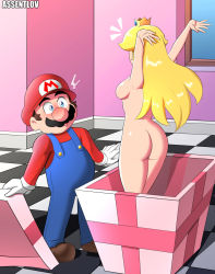 Rule 34 | 1boy, 1girl, ass, assentlov, blonde hair, blue eyes, blush, box, breasts, brown hair, clothed male nude female, crown, facial hair, gift, gift box, gloves, hat, highres, mario, mario (series), mustache, nintendo, nude, overalls, ponytail, princess peach, shiny skin, standing, super mario bros. 1, surprised