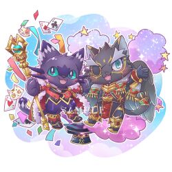 Rule 34 | 2boys, ai (alli paeonia), animal ears, black fur, border, cait sith (housamo), cane, cape, card, cat, cat boy, cat ears, cat tail, cloud, colored sclera, commentary request, confetti, eyepatch, fangs, feathered wings, flaming eye, forked eyebrows, full body, fur-trimmed cape, fur trim, furry, furry male, green eyes, green sclera, hat, highres, holding, holding cane, jaguar boy, jaguar ears, jaguar tail, long hair, magic trick, male focus, multiple boys, one eye covered, open mouth, outline, outstretched arm, pelvic curtain, playing card, purple fur, red cape, sample watermark, smile, sparkle, star (symbol), tail, tezcatlipoca (housamo), thick eyebrows, tokyo houkago summoners, top hat, watermark, white border, white outline, wings