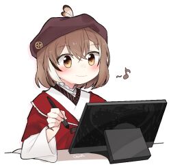 Rule 34 | 1girl, beret, blush, brown eyes, brown hair, crossed bangs, double-parted bangs, drawing tablet, feathers, gyaheung, hair between eyes, hat, holding, holding stylus, hololive, hololive english, japanese clothes, kimono, multicolored hair, musical note, nanashi mumei, nanashi mumei (new year), nightmare (nanashi mumei), official alternate costume, red shawl, shawl, smile, spoken musical note, streaked hair, stylus, virtual youtuber, white kimono