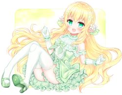 Rule 34 | 1girl, :d, ass, bare shoulders, blonde hair, blush, bow, braid, breasts, commentary request, commission, crown braid, dress, flower, frilled dress, frills, full body, gloves, green bow, green dress, green eyes, green footwear, hair between eyes, hair flower, hair ornament, high heels, highres, looking at viewer, open mouth, original, pointy ears, shikito (yawa0w0), shoe soles, shoes, skeb commission, sleeveless, sleeveless dress, small breasts, smile, solo, thighhighs, virtual youtuber, white flower, white gloves, white thighhighs