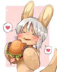 Rule 34 | 1other, animal ears, artist name, bacon, blush, burger, cheese, closed eyes, colored eyelashes, commentary, fang, food, food on face, furry, grey hair, happy, heart, highres, holding, holding burger, holding food, lettuce, made in abyss, mumu yu mu, nanachi (made in abyss), open mouth, other focus, rabbit ears, solo, spoken heart, symbol-only commentary, tail, tomato, whiskers