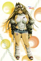 Rule 34 | 1girl, belt, belt buckle, black belt, black nails, blue shorts, blush, breasts, brown eyes, brown hair, buckle, chain, character name, closed mouth, covered navel, cutoffs, denim, denim shorts, full body, fur-trimmed jacket, fur trim, glint, goggles, goggles on head, green jacket, hair intakes, hair ornament, halftone, heart, heart hair ornament, highres, hott0g111, jacket, large breasts, leg warmers, leotard, long hair, looking at viewer, micro shorts, multicolored background, nail polish, nanaco (hott0g111), open clothes, open jacket, orange footwear, original, shoes, shorts, smile, solo, standing, star (symbol), white background, white leg warmers, white leotard