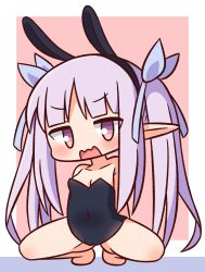 Rule 34 | 1girl, animal ears, bare arms, bare legs, bare shoulders, barefoot, black hairband, black leotard, blue ribbon, blunt bangs, blush, breasts, brown eyes, chibi, cleavage, commentary request, covered navel, fake animal ears, full body, hair ribbon, hairband, hana kazari, highres, kyoka (princess connect!), leotard, long hair, looking at viewer, open mouth, playboy bunny, pointy ears, princess connect!, purple hair, rabbit ears, ribbon, small breasts, solo, spread legs, squatting, strapless, strapless leotard, twintails, v-shaped eyebrows, very long hair, wavy mouth