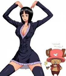 Rule 34 | 1boy, 1girl, black hair, breasts, cleavage, dress, enies lobby, hat, nico robin, one piece, reindeer, simple background, syui, thighhighs, tony tony chopper, white background