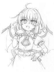 Rule 34 | 1girl, ahoge, back bow, bat wings, bow, collared shirt, fang, frilled shirt, frilled shirt collar, frilled sleeves, frills, graphite (medium), greyscale, hair between eyes, hand on own hip, highres, marukyuu ameya, medium hair, monochrome, no headwear, open mouth, puffy short sleeves, puffy sleeves, remilia scarlet, shirt, short sleeves, simple background, skin fang, skirt, solo, touhou, traditional media, white background, wings, wrist cuffs