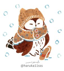 Rule 34 | animal, animal focus, animal hat, artist name, beanie, bird, brown footwear, brown hat, closed eyes, clothed animal, clothing request, commentary, floral print, hat, highres, izumi haruka (haruka11sss), no humans, no lineart, original, owl, painting (medium), shoes, signature, simple background, sitting, snowing, solo, traditional media, twitter username, watercolor (medium), watermark, white background