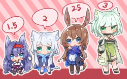 Rule 34 | 4girls, amiya (arknights), animal ear fluff, animal ears, arknights, bare shoulders, black hair, black jacket, blaze (arknights), blue eyes, blush, brown hair, cat ears, cat girl, cat tail, chibi, closed mouth, commentary request, dress, expressionless, full body, green dress, green eyes, green hair, grin, hair between eyes, hairband, jacket, kal&#039;tsit (arknights), long hair, long sleeves, looking at viewer, medium hair, midzuchi, multiple girls, off shoulder, open clothes, open jacket, open mouth, rabbit ears, red hairband, rosmontis (arknights), shirt, silver hair, skirt, smile, speech bubble, standing, tail, very long hair, watch, white shirt