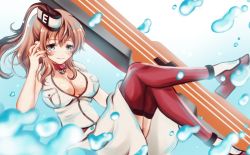 Rule 34 | 10s, 1girl, ascot, bad id, bad pixiv id, blue eyes, breast pocket, breasts, brown hair, cleavage, dress, flight deck, hair between eyes, kantai collection, large breasts, neckerchief, open clothes, open dress, pocket, ponytail, red neckerchief, red thighhighs, saratoga (kancolle), sheepd, side ponytail, sidelocks, solo, thighhighs, water, white dress